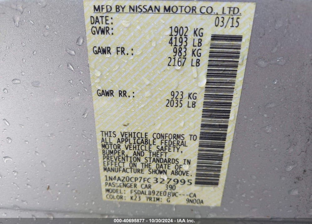 2015 NISSAN LEAF S VIN: 1N4AZ0CP7FC327995
