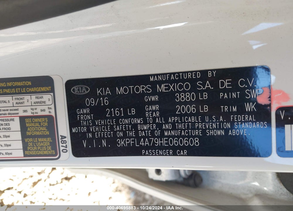 2017 KIA FORTE LX VIN: 3KPFL4A79HE060608