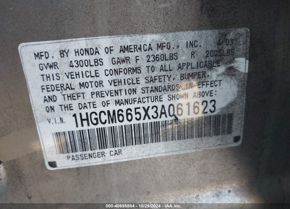 2003 HONDA ACCORD 3.0 EX VIN: 1HGCM665X3A061623
