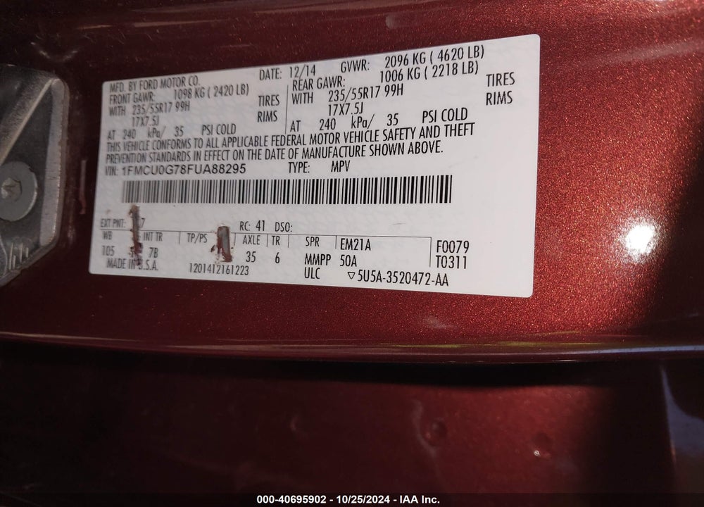2015 FORD ESCAPE SE VIN: 1FMCU0G78FUA88295