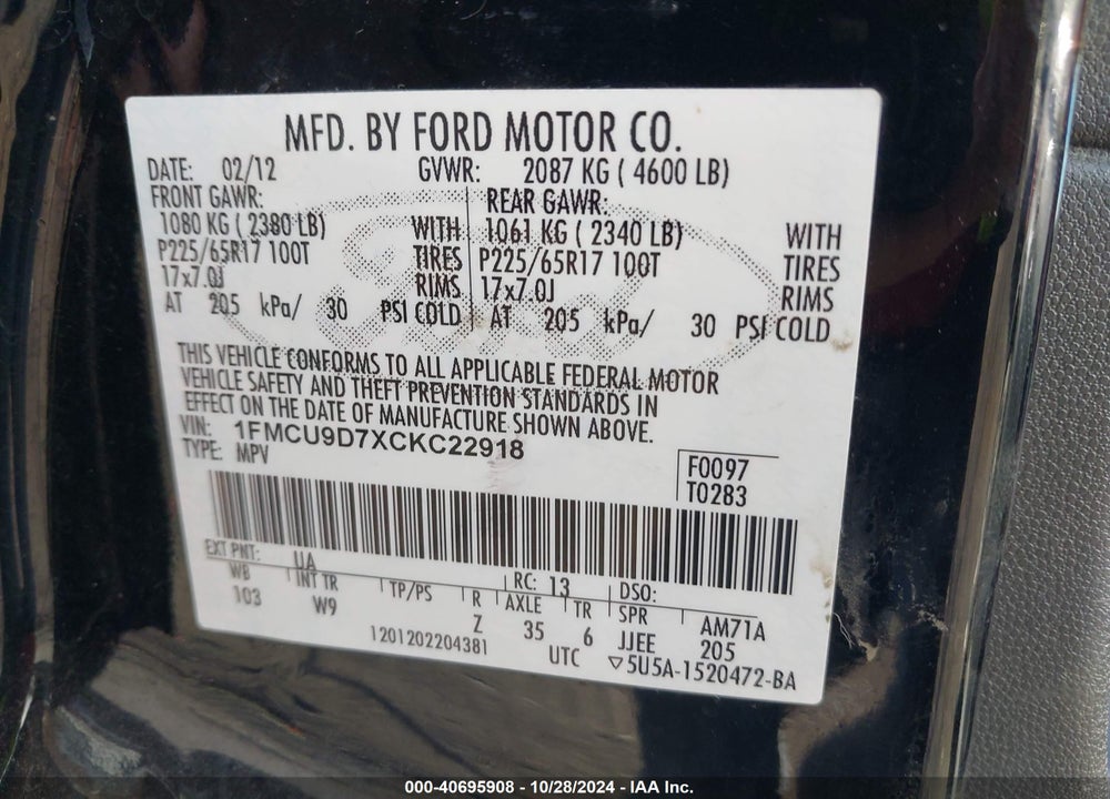 2012 FORD ESCAPE XLT VIN: 1FMCU9D7XCKC22918