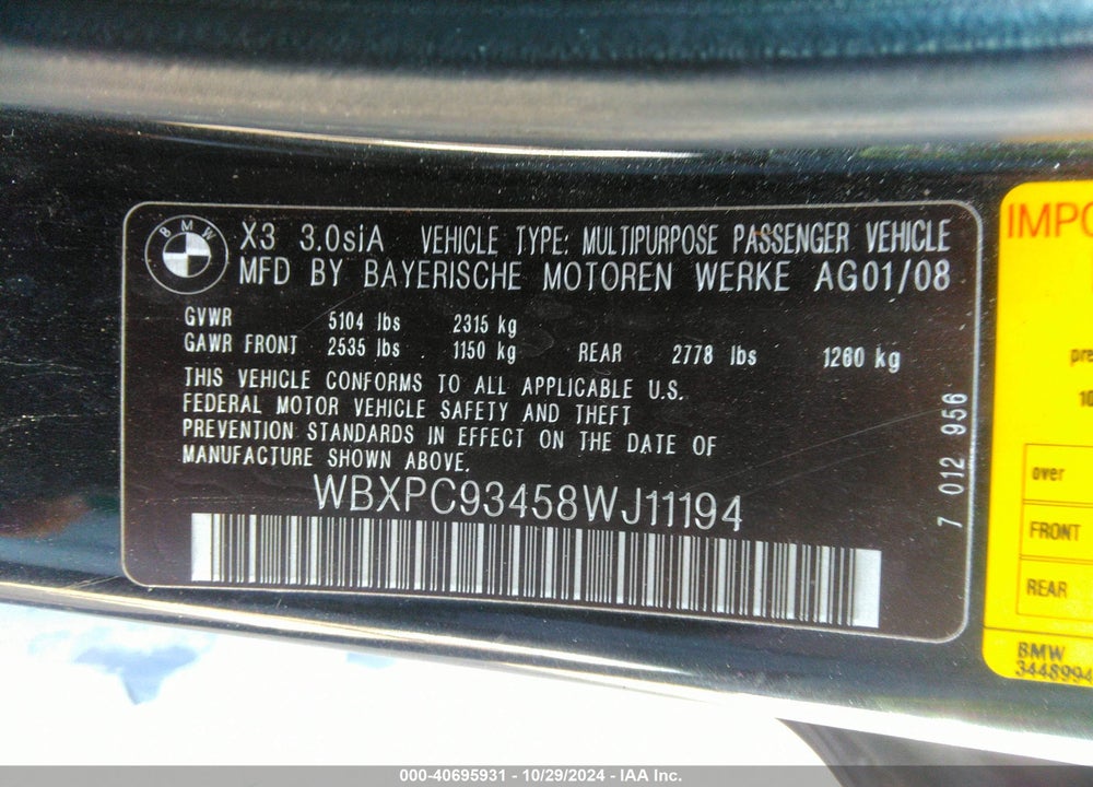 2008 BMW X3 3.0SI VIN: WBXPC93458WJ11194