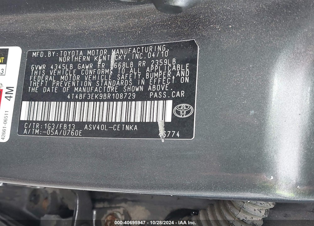 2011 TOYOTA CAMRY LE VIN: 4T4BF3EK9BR108729