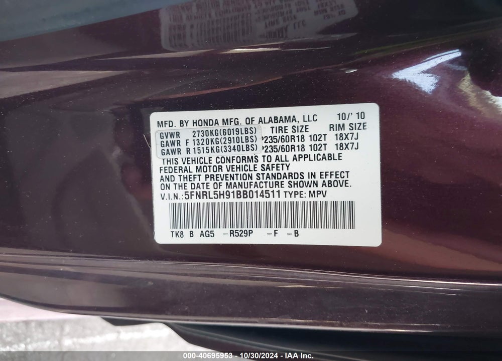 2011 HONDA ODYSSEY TOURING/TOURING ELITE VIN: 5FNRL5H91BB014511