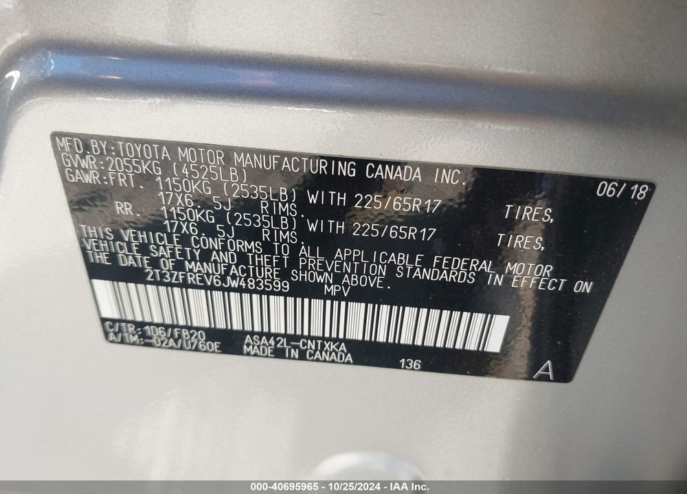2018 TOYOTA RAV4 LE VIN: 2T3ZFREV6JW483599