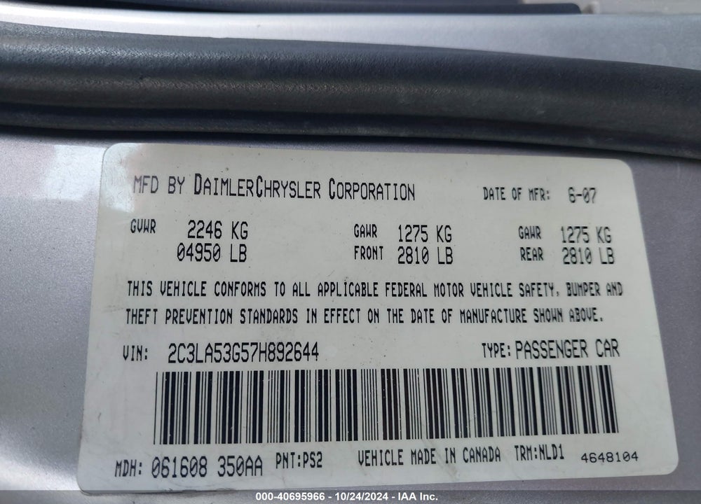 2007 CHRYSLER 300 VIN: 2C3LA53G57H892644