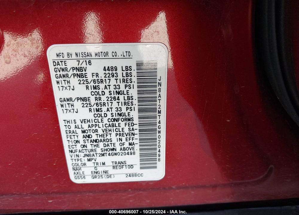 2016 NISSAN ROGUE S VIN: JN8AT2MT4GW020498