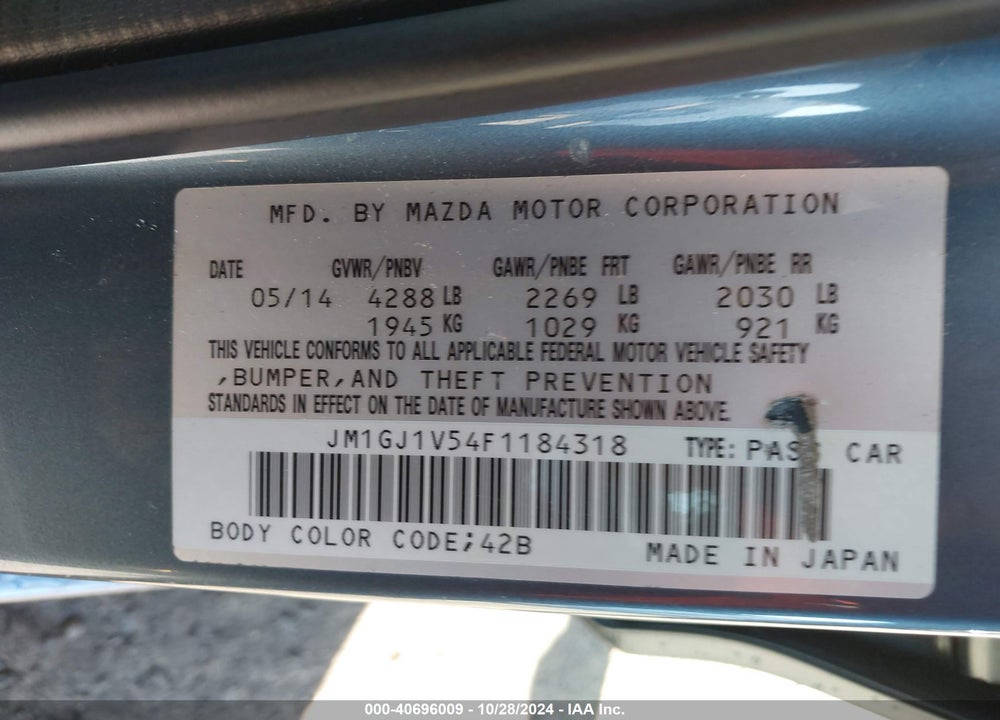 2015 MAZDA 6 I TOURING VIN: JM1GJ1V54F1184318