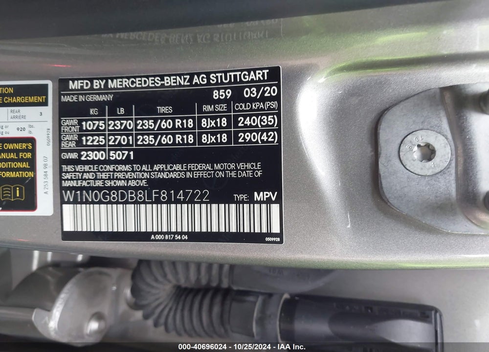 2020 MERCEDES-BENZ GLC 300 VIN: W1N0G8DB8LF814722