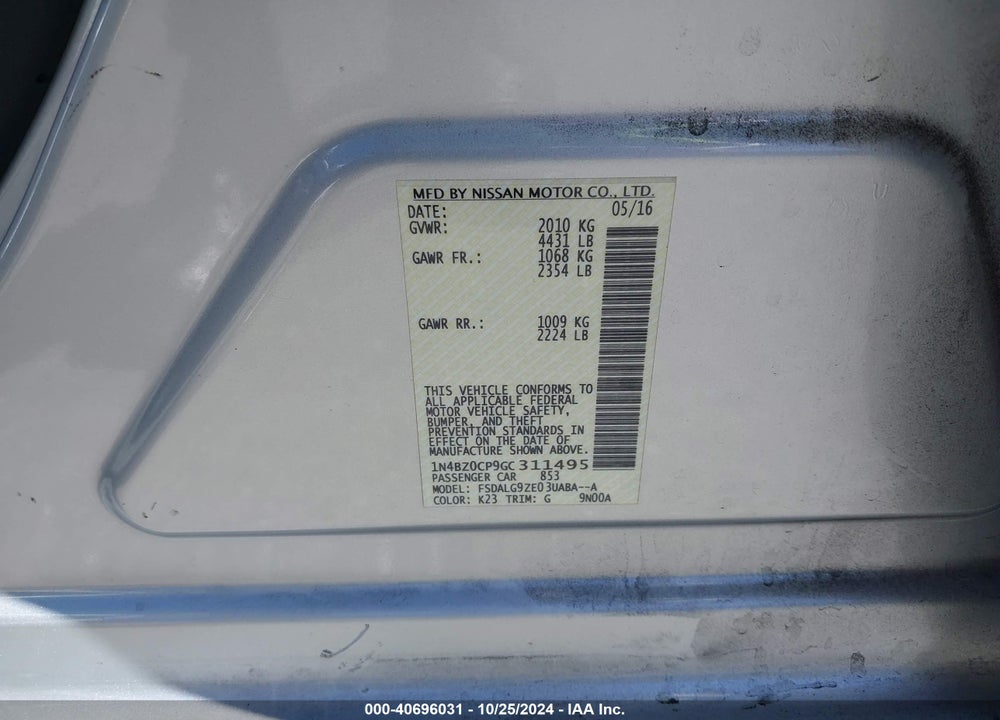 2016 NISSAN LEAF SL VIN: 1N4BZ0CP9GC311495