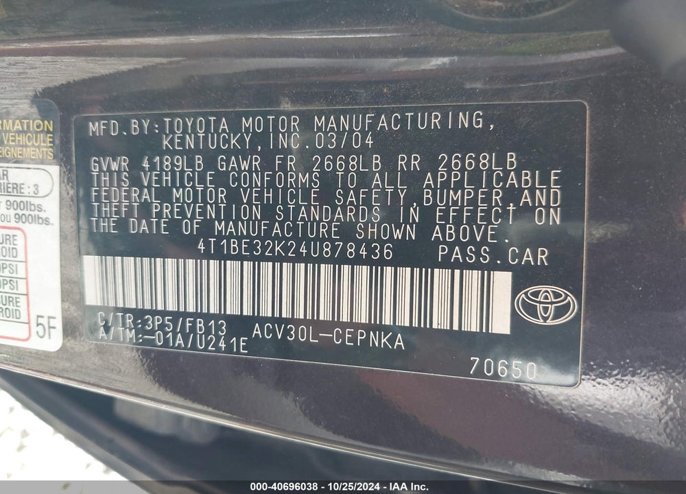 2004 TOYOTA CAMRY LE VIN: 4T1BE32K24U878436