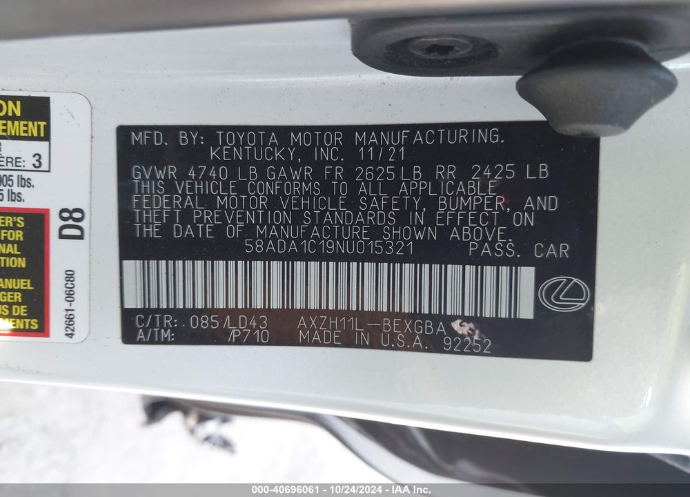 2022 LEXUS ES 300H VIN: 58ADA1C19NU015321
