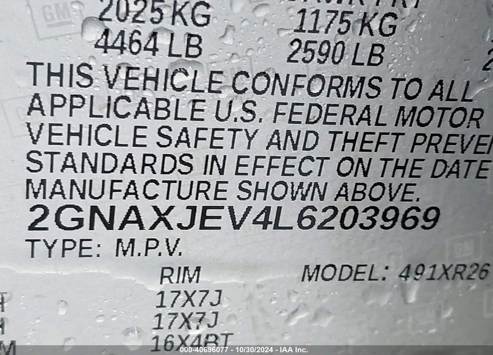 2020 CHEVROLET EQUINOX FWD 2FL VIN: 2GNAXJEV4L6203969