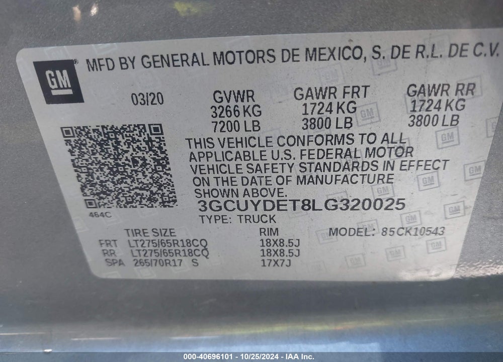2020 CHEVROLET SILVERADO 1500 4WD SHORT BED LT VIN: 3GCUYDET8LG320025