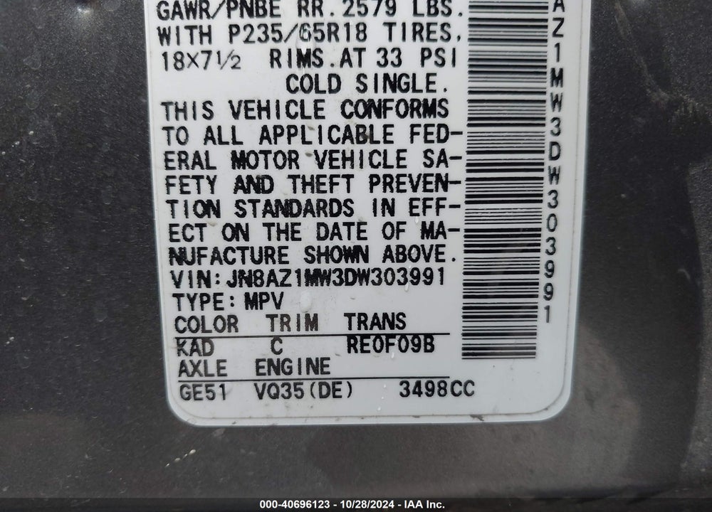 2013 NISSAN MURANO SV VIN: JN8AZ1MW3DW303991