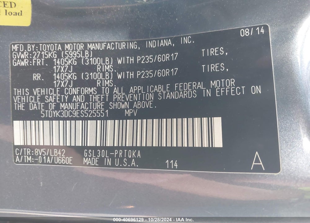 2014 TOYOTA SIENNA XLE LIMITED VIN: 5TDYK3DC9ES525551