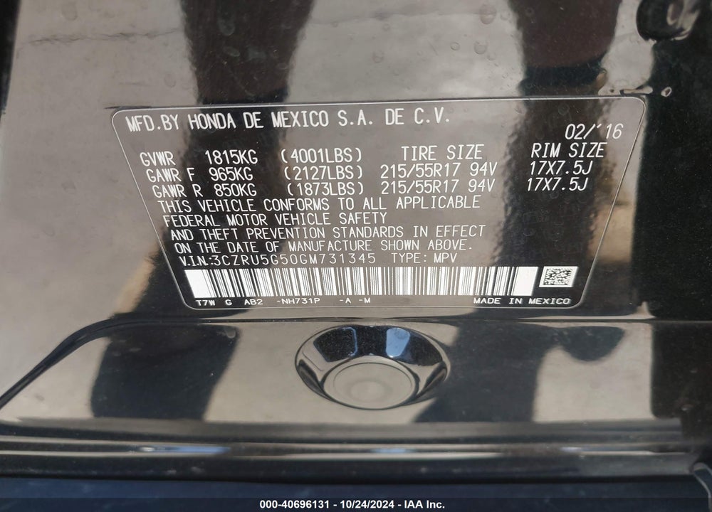 2016 HONDA HR-V EX VIN: 3CZRU5G50GM731345