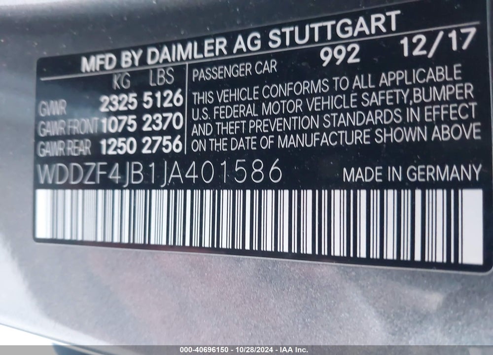 2018 MERCEDES-BENZ E 300 VIN: WDDZF4JB1JA401586