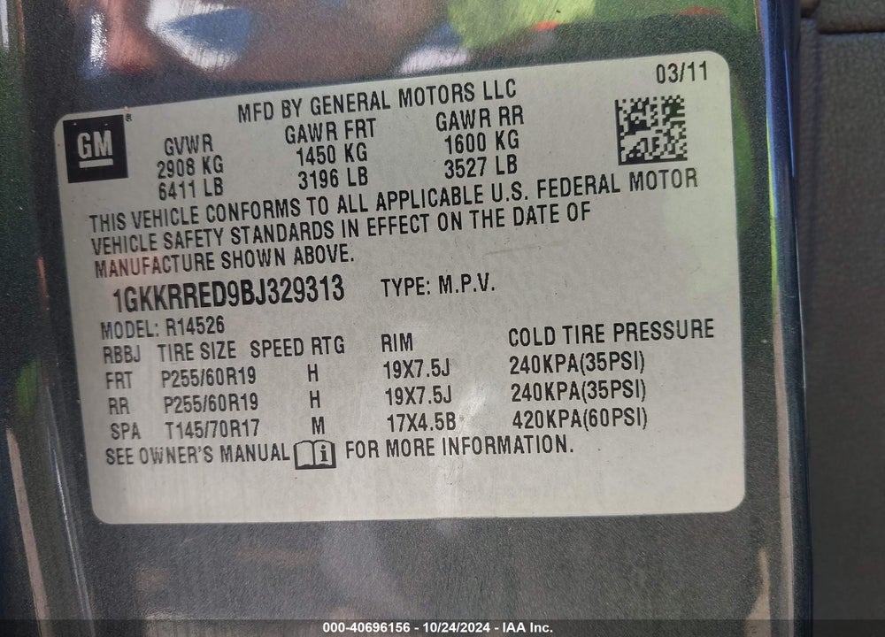 2011 GMC ACADIA SLT-1 VIN: 1GKKRRED9BJ329313