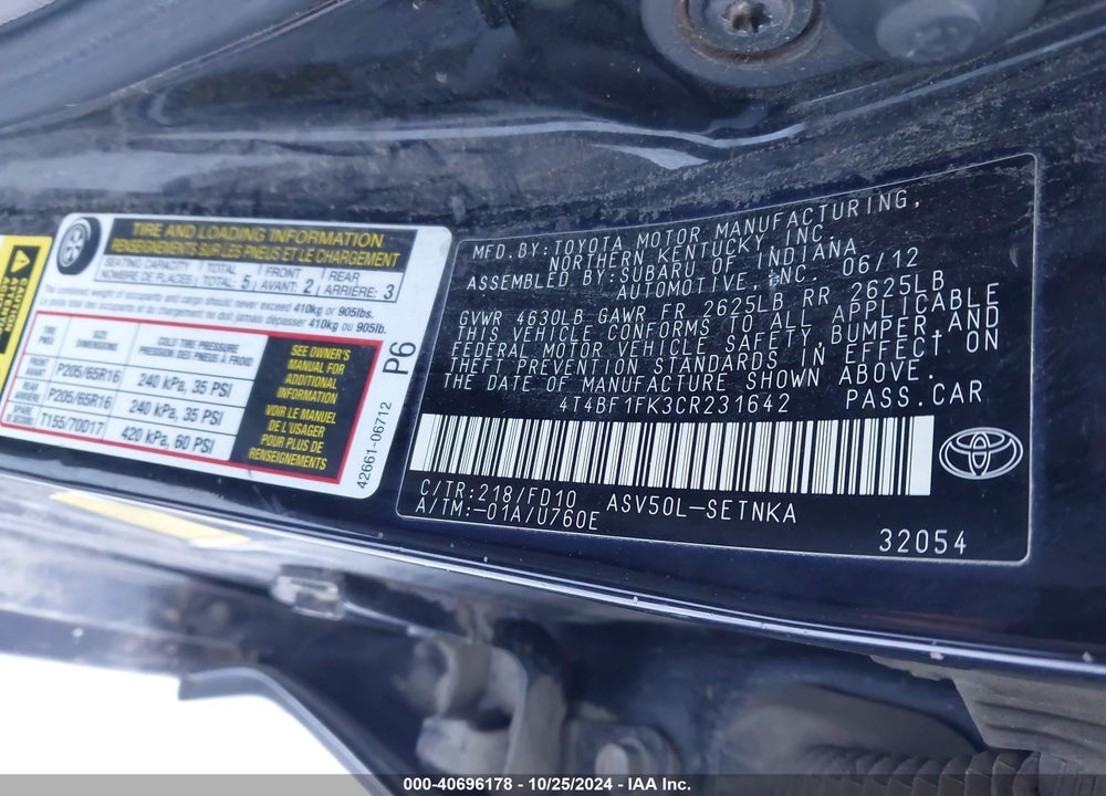 2012 TOYOTA CAMRY LE VIN: 4T4BF1FK3CR231642