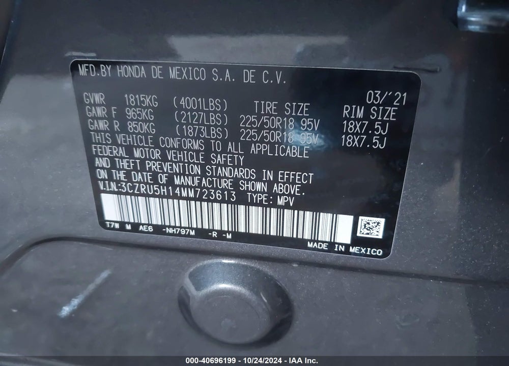 2021 HONDA HR-V 2WD SPORT VIN: 3CZRU5H14MM723613