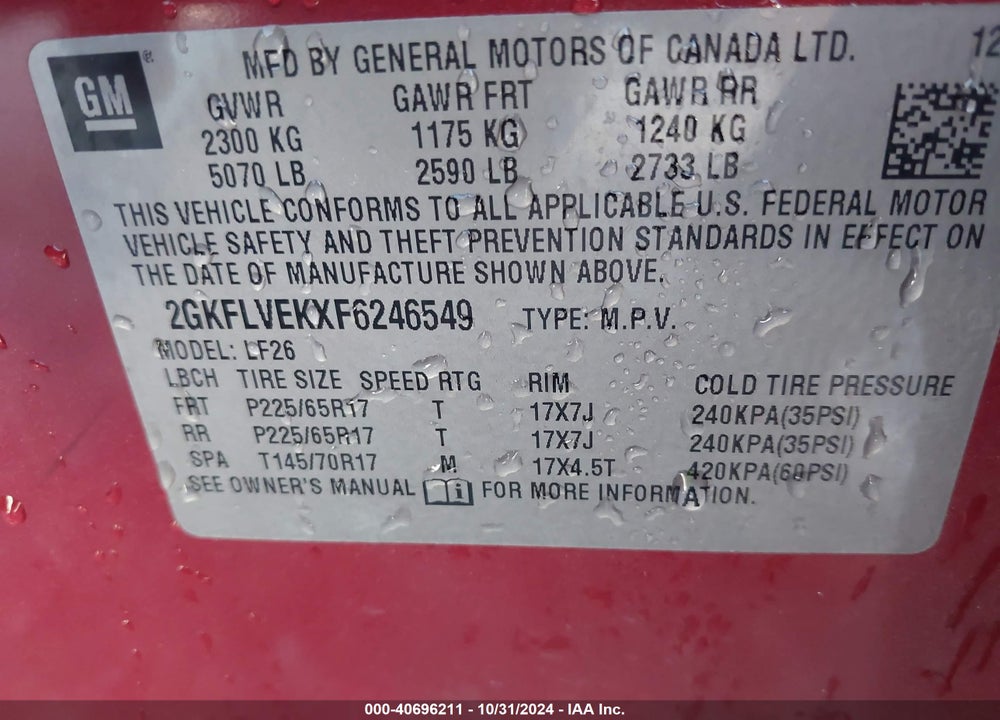 2015 GMC TERRAIN SLE-1 VIN: 2GKFLVEKXF6246549