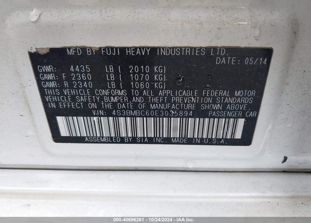 2014 SUBARU LEGACY 2.5I PREMIUM VIN: 4S3BMBC60E3035894