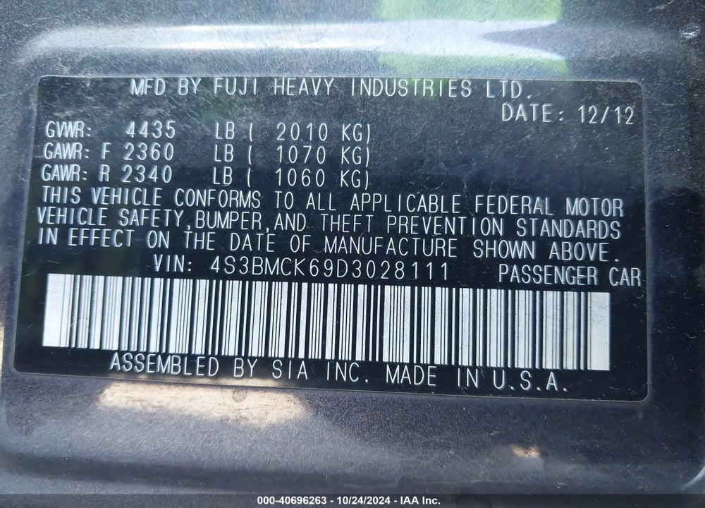 2013 SUBARU LEGACY VIN: 4S3BMCK69D3028111