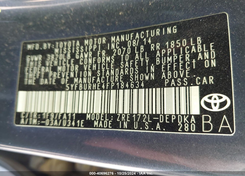 2015 TOYOTA COROLLA L VIN: 5YFBURHE4FP184634