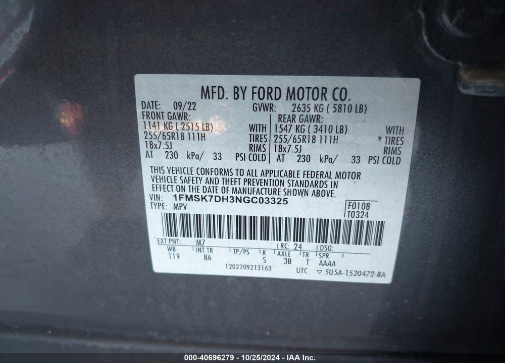 2022 FORD EXPLORER XLT VIN: 1FMSK7DH3NGC03325
