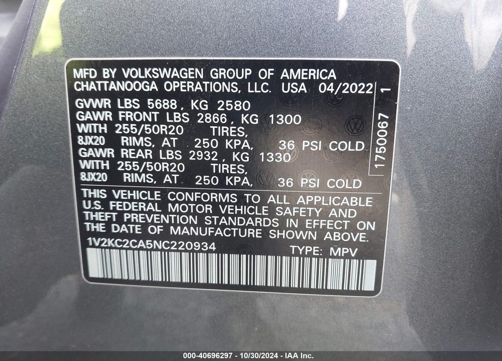 2022 VOLKSWAGEN ATLAS CROSS SPORT 2.0T SE W/TECHNOLOGY VIN: 1V2KC2CA5NC220934