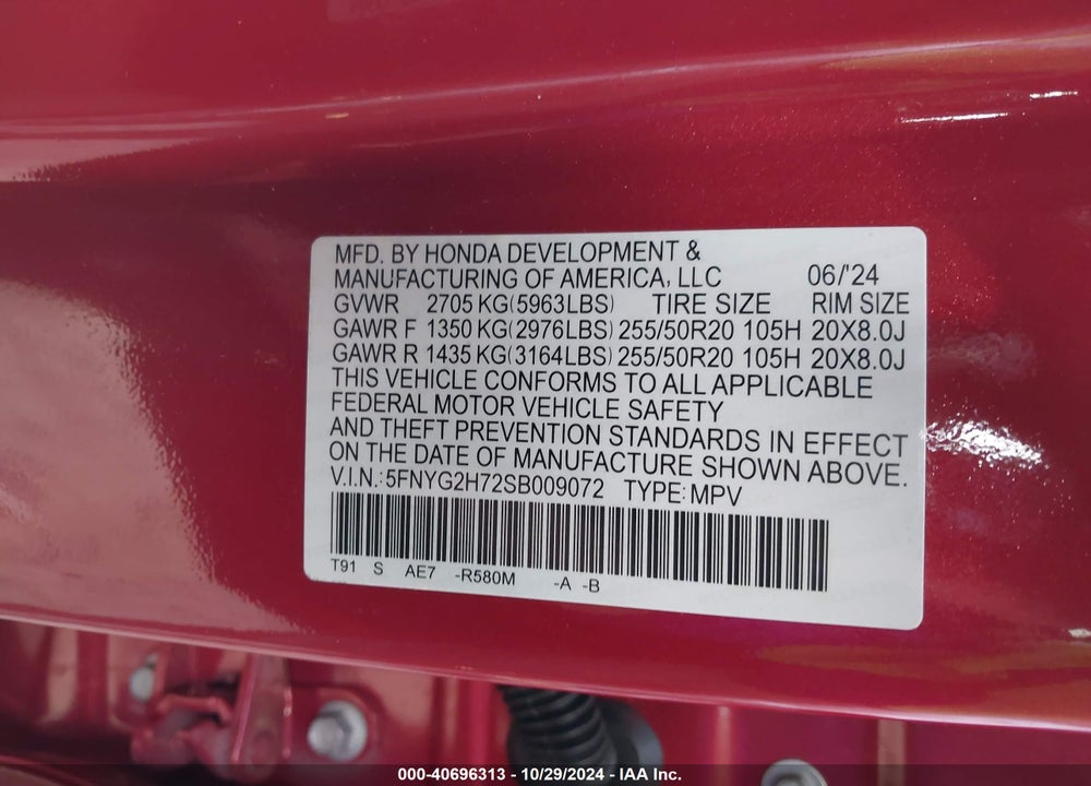 2025 HONDA PILOT TOURING VIN: 5FNYG2H72SB009072