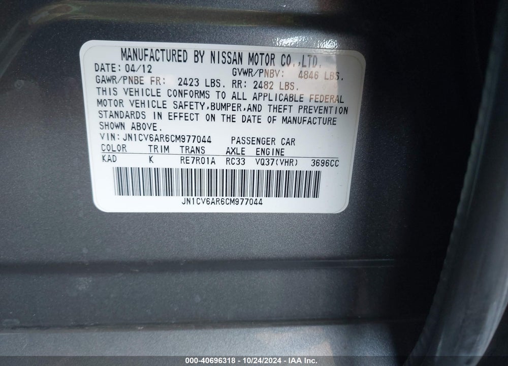 2012 INFINITI G37X VIN: JN1CV6AR6CM977044