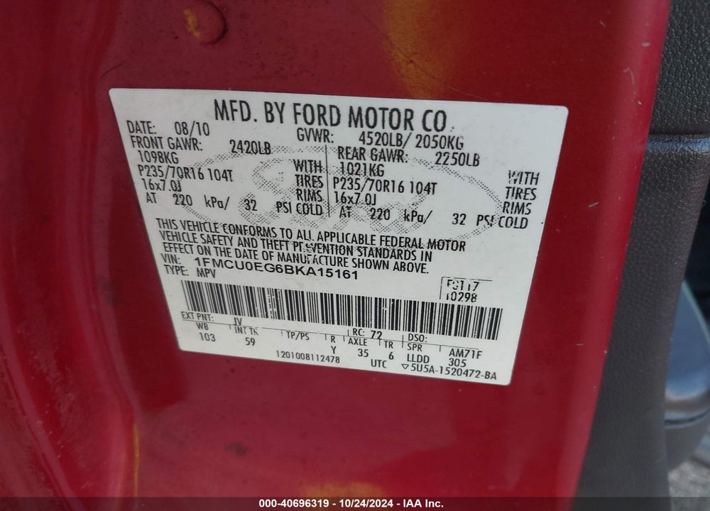 2011 FORD ESCAPE LIMITED VIN: 1FMCU0EG6BKA15161