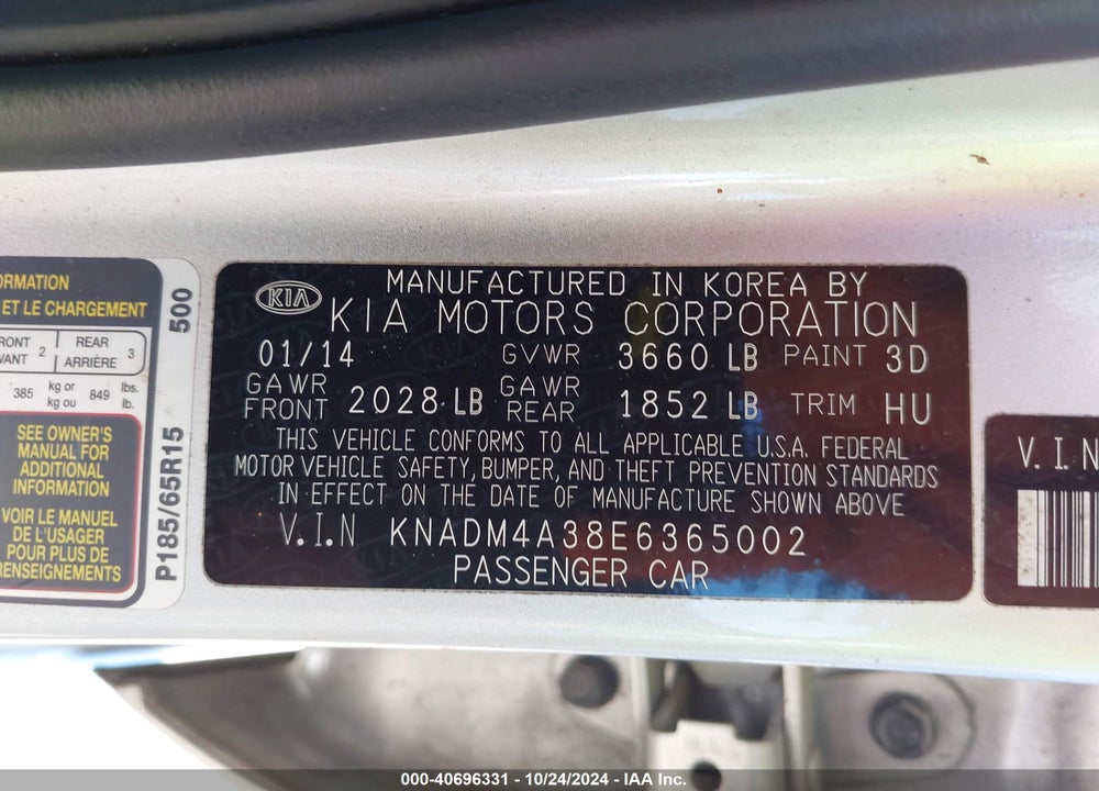 2014 KIA RIO LX VIN: KNADM4A38E6365002