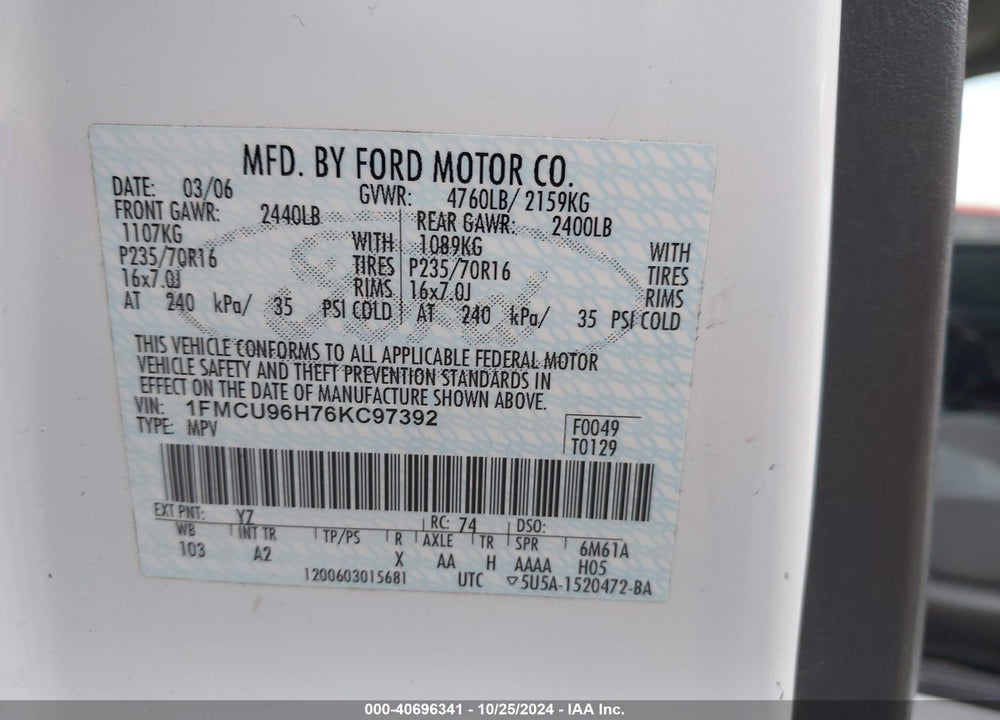 2006 FORD ESCAPE HYBRID VIN: 1FMCU96H76KC97392