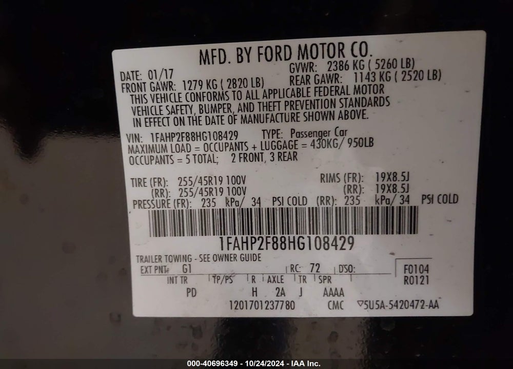 2017 FORD TAURUS LIMITED VIN: 1FAHP2F88HG108429
