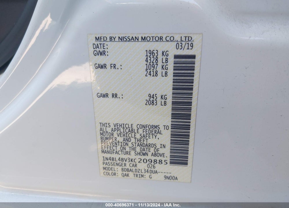 2019 NISSAN ALTIMA 2.5 S VIN: 1N4BL4BV3KC209885