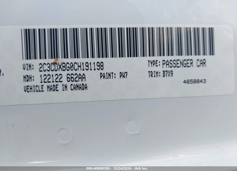 2012 DODGE CHARGER SE VIN: 2C3CDXBG0CH191198