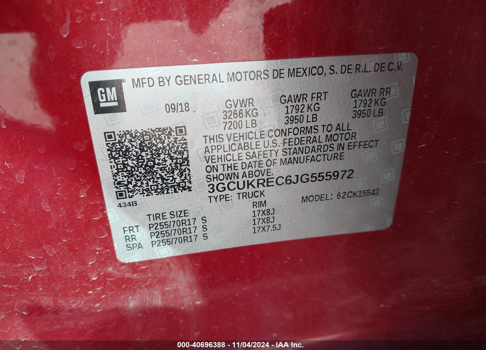 2018 CHEVROLET SILVERADO 1500 1LT VIN: 3GCUKREC6JG555972