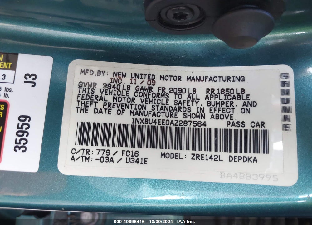 2010 TOYOTA COROLLA LE VIN: 1NXBU4EE0AZ287564
