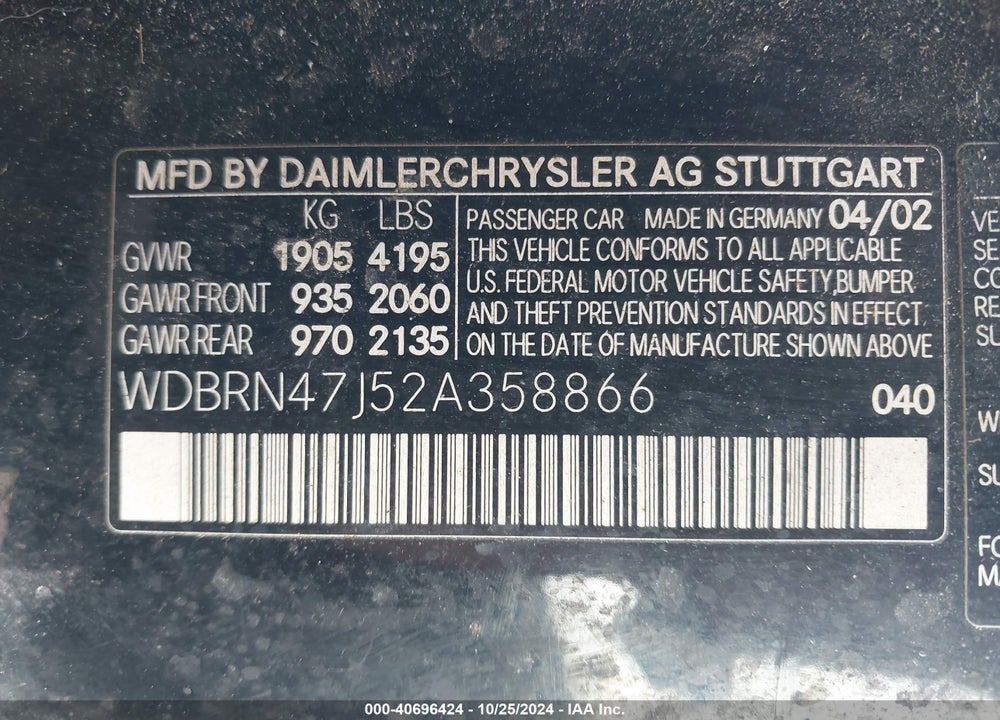2002 MERCEDES-BENZ C 230 VIN: WDBRN47J52A358866