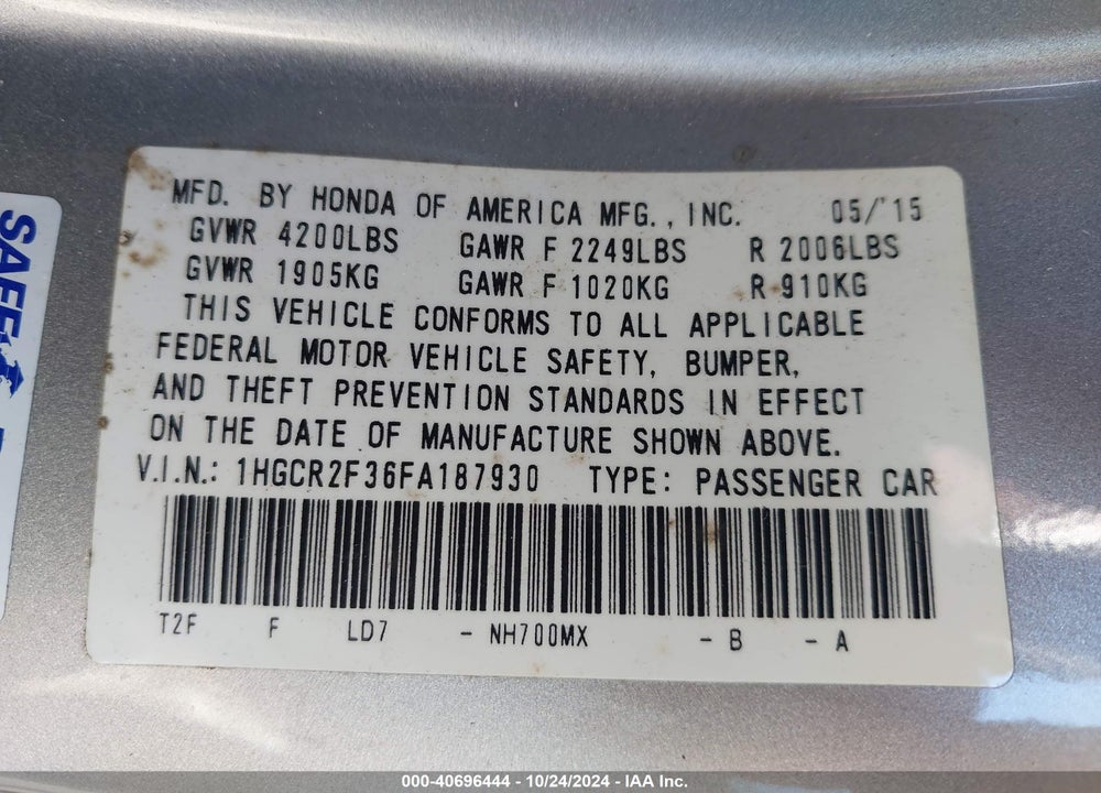 2015 HONDA ACCORD LX VIN: 1HGCR2F36FA187930