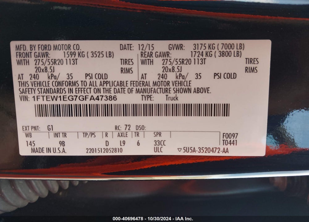 2016 FORD F-150 PLATINUM VIN: 1FTEW1EG7GFA47386
