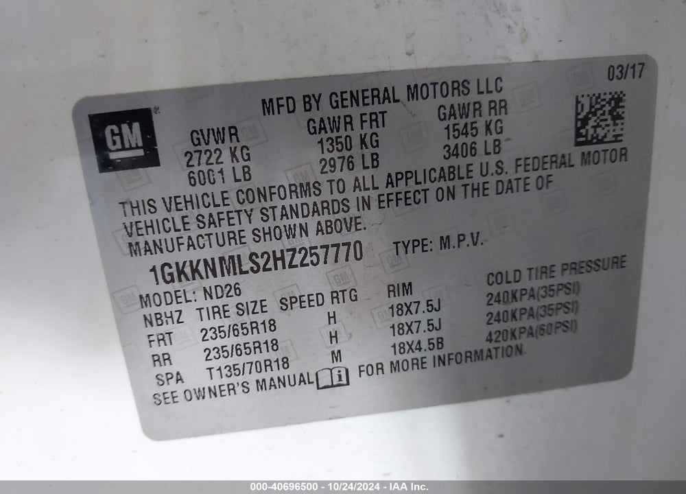 2017 GMC ACADIA SLT-1 VIN: 1GKKNMLS2HZ257770