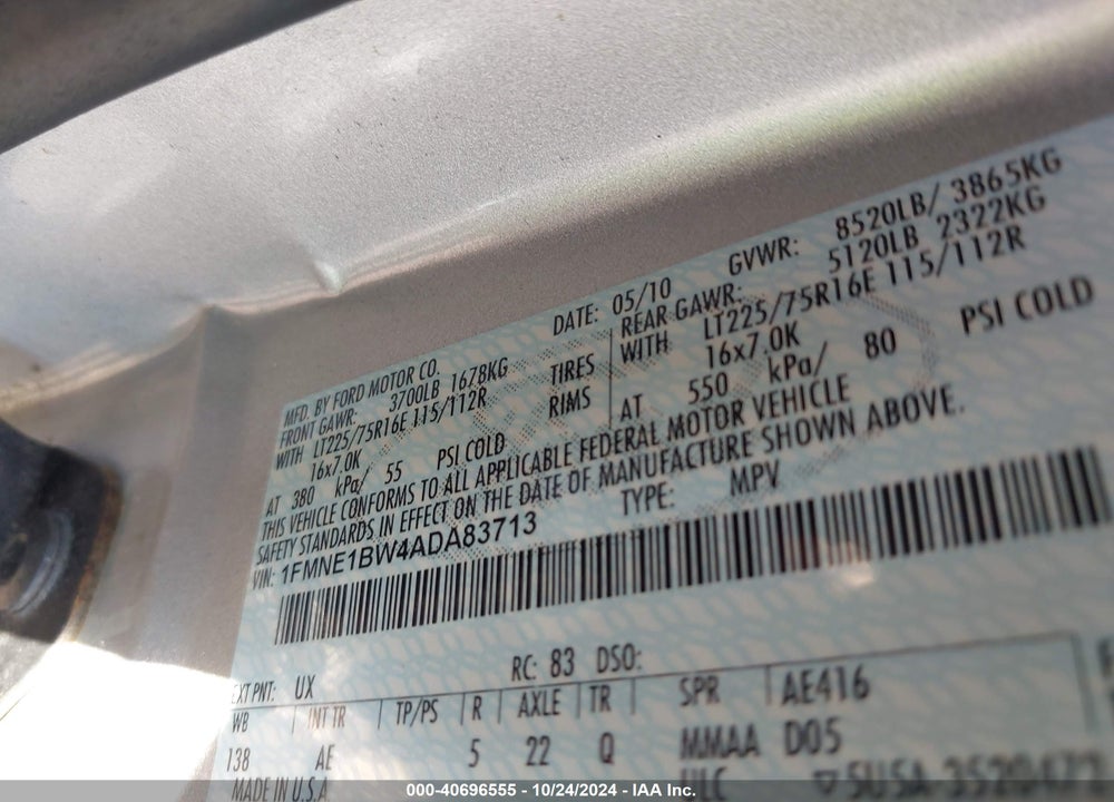 2010 FORD E-150 XL/XLT VIN: 1FMNE1BW4ADA83713