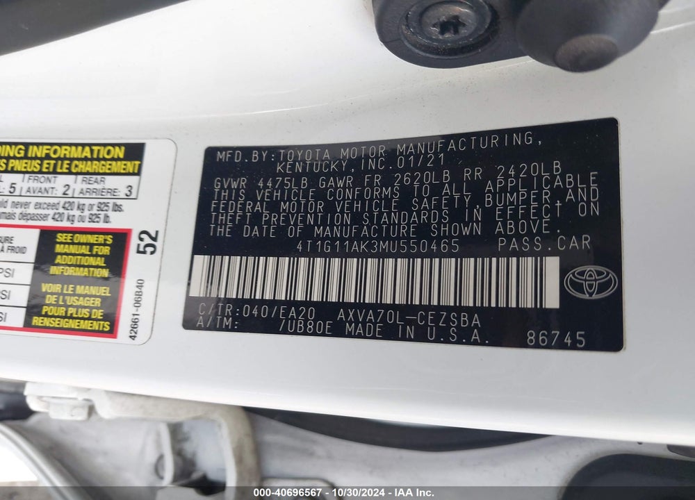 2021 TOYOTA CAMRY SE VIN: 4T1G11AK3MU550465