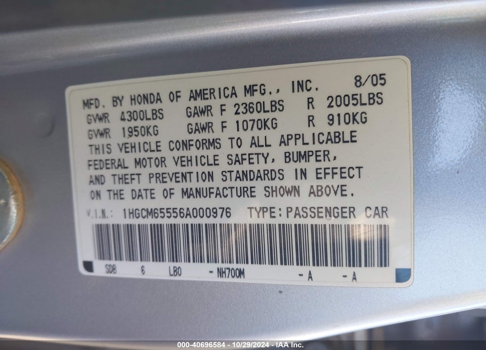 2006 HONDA ACCORD 3.0 EX VIN: 1HGCM65556A000976