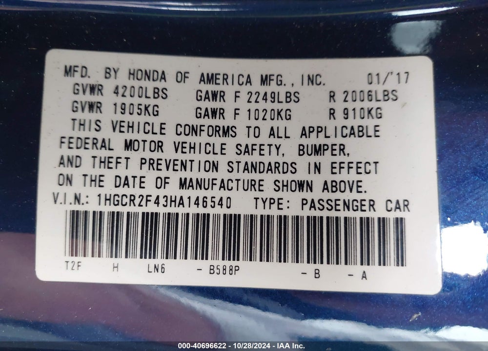 2017 HONDA ACCORD LX VIN: 1HGCR2F43HA146540