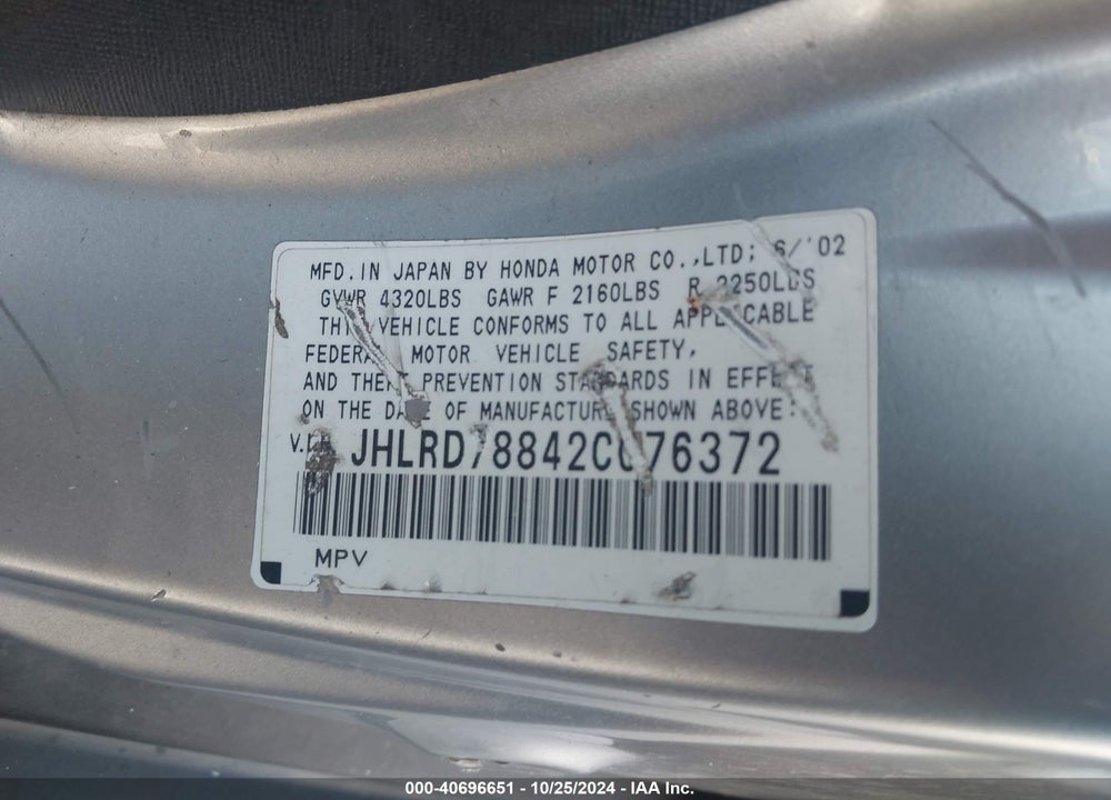 2002 HONDA CR-V EX VIN: JHLRD78842C076372